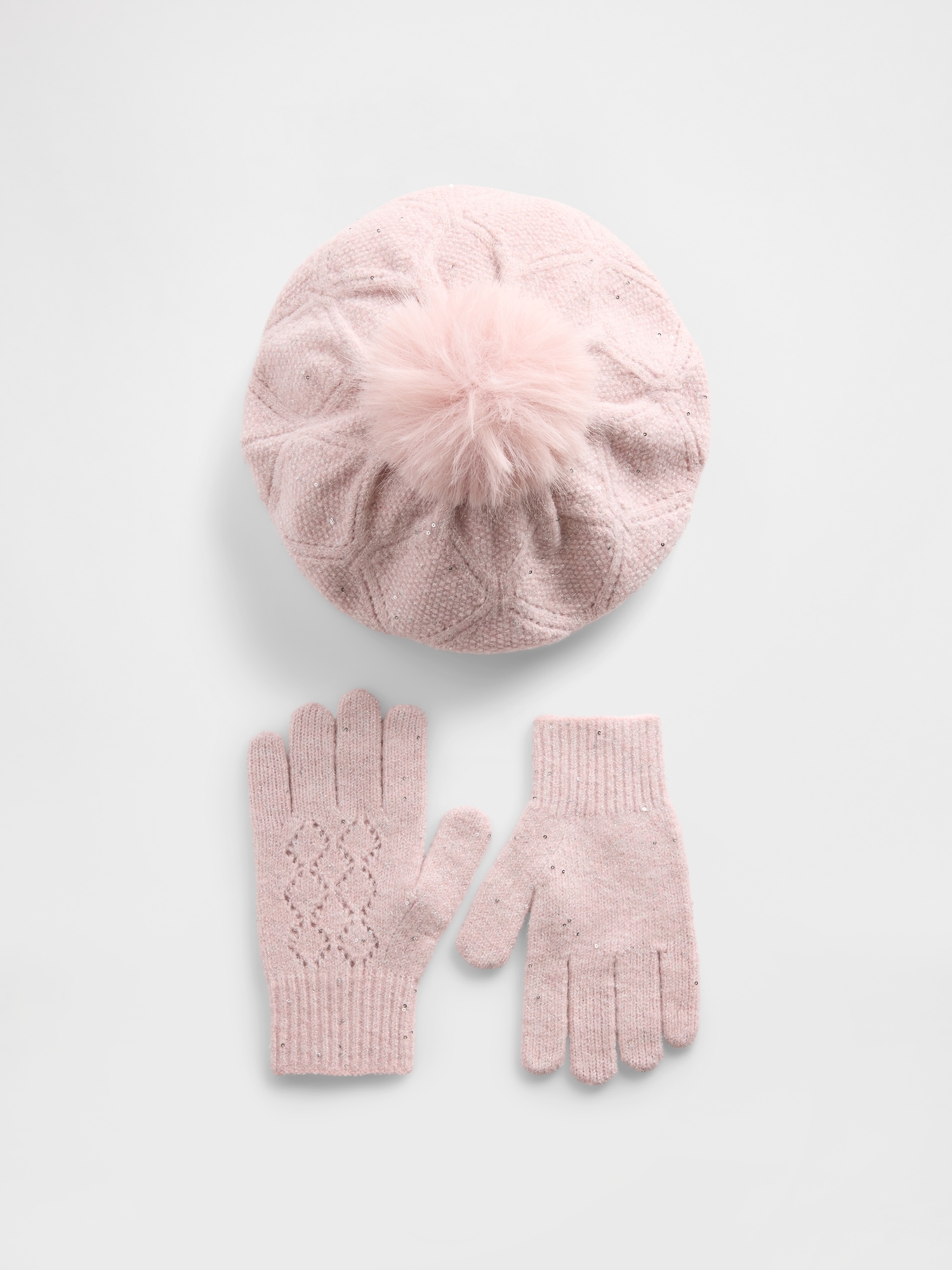 Kids Pointelle Pom Beret & Gloves Set - Pure Pink