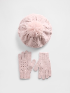 Kids Pointelle Pom Beret & Gloves Set