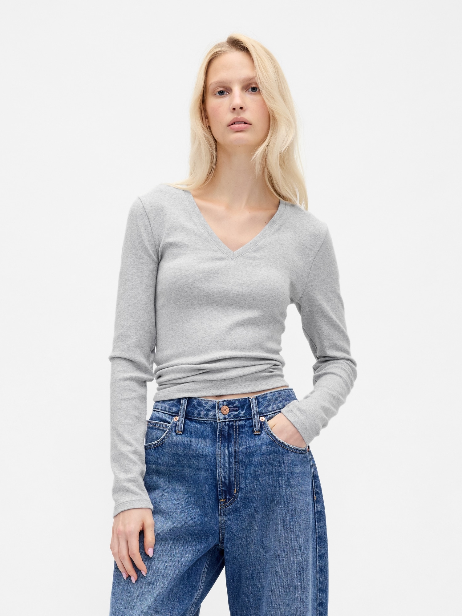 Modern V-Neck Shrunken T-Shirt - Light Heather Grey