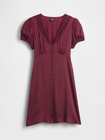 Satin Lace-Trim V-Neck Mini Dress
