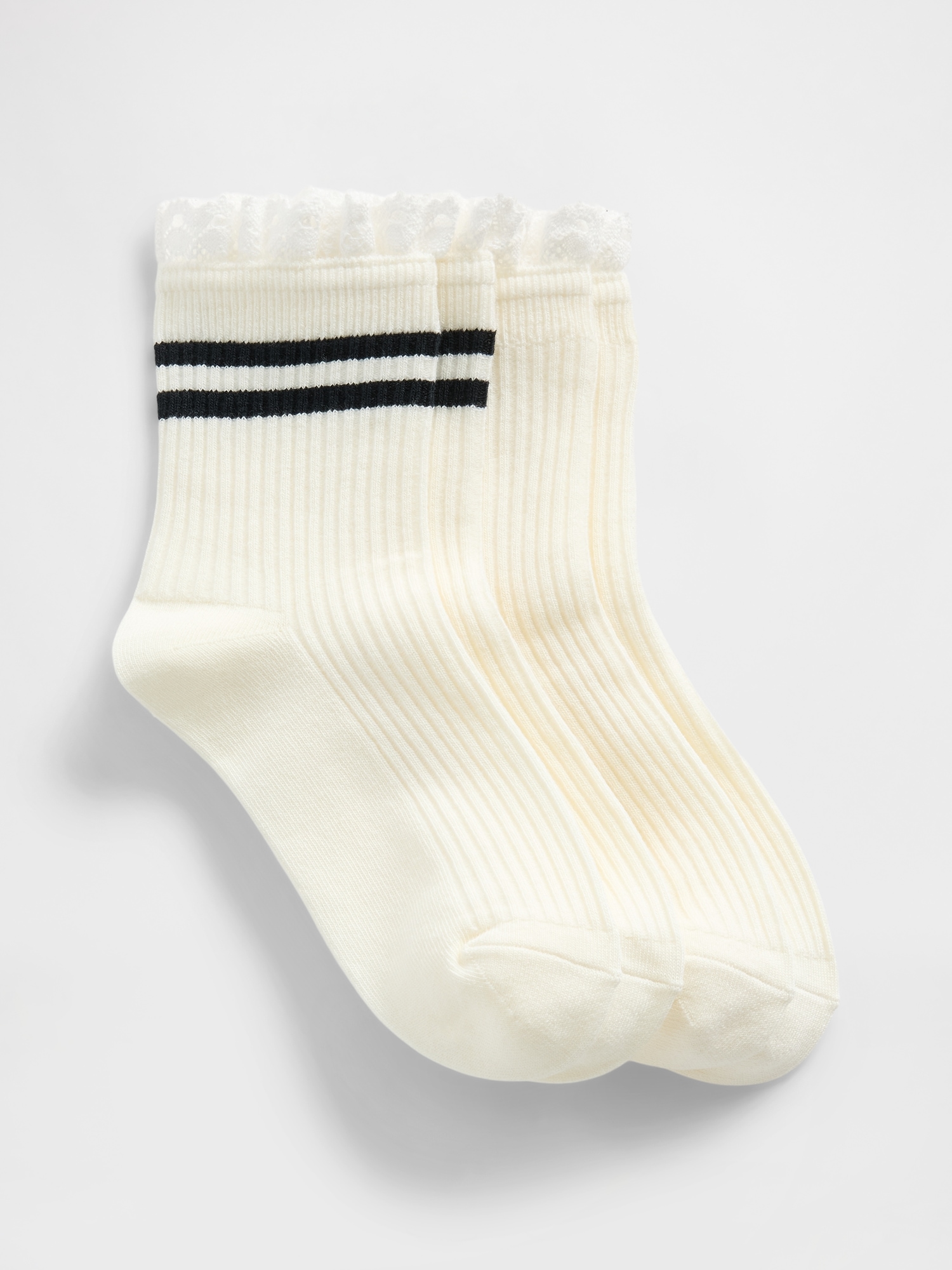 Kids Ruffle-Trim Crew Socks (2-Pack) - Ivory Black Stripe
