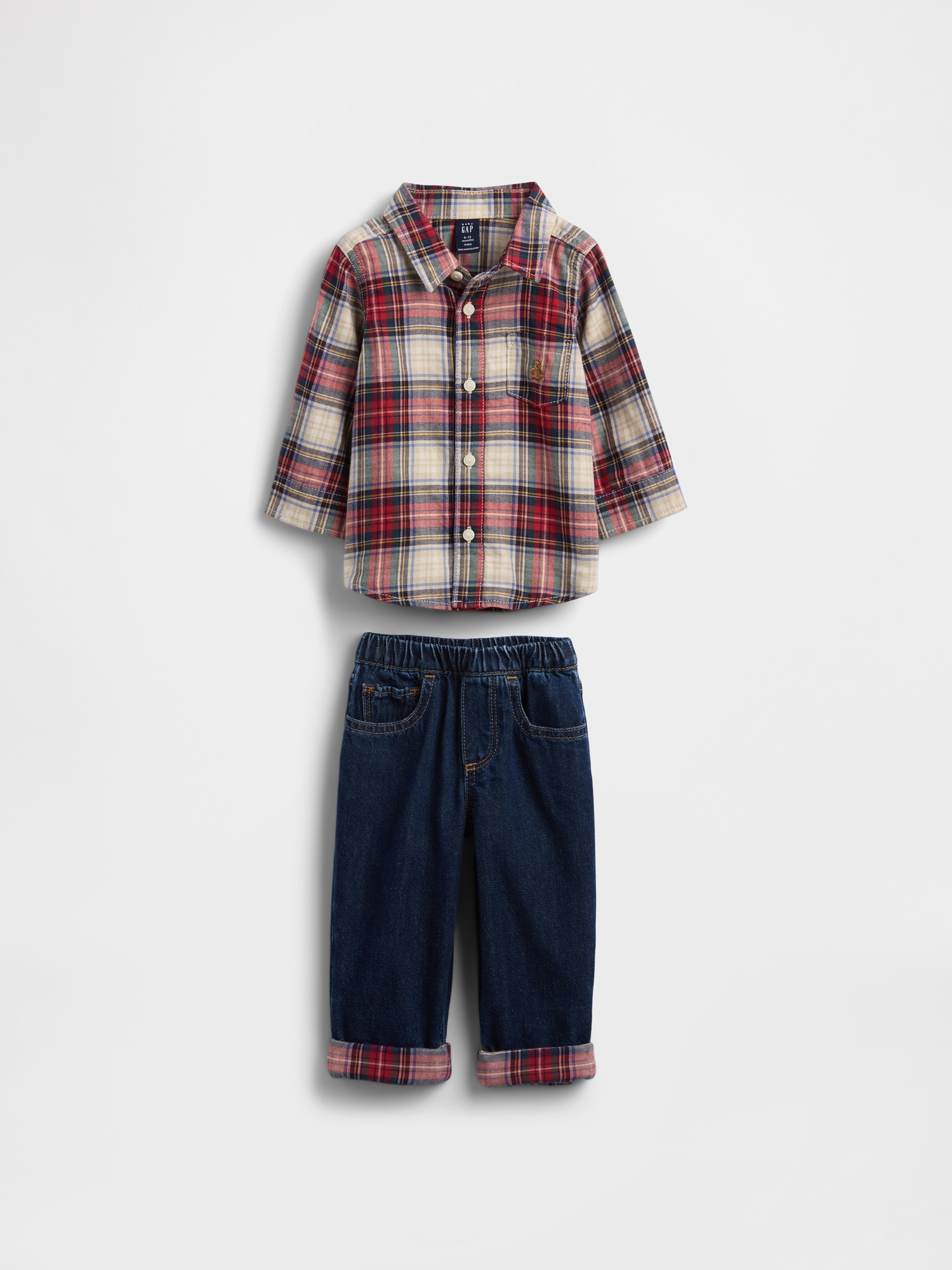 Baby Flannel & Denim Outfit Set - White Red Plaid