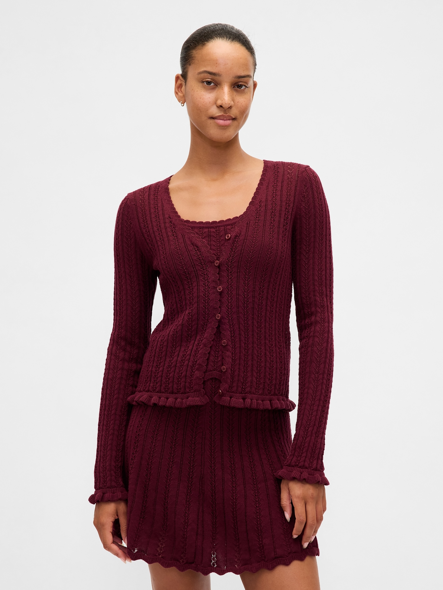 100% Cotton Pointelle Cardigan - Tuscan Red