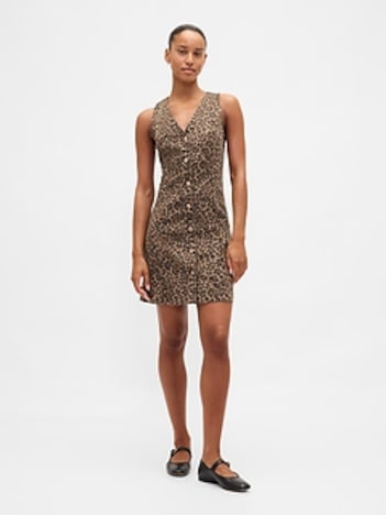 Leopard Denim V-Neck Mini Dress