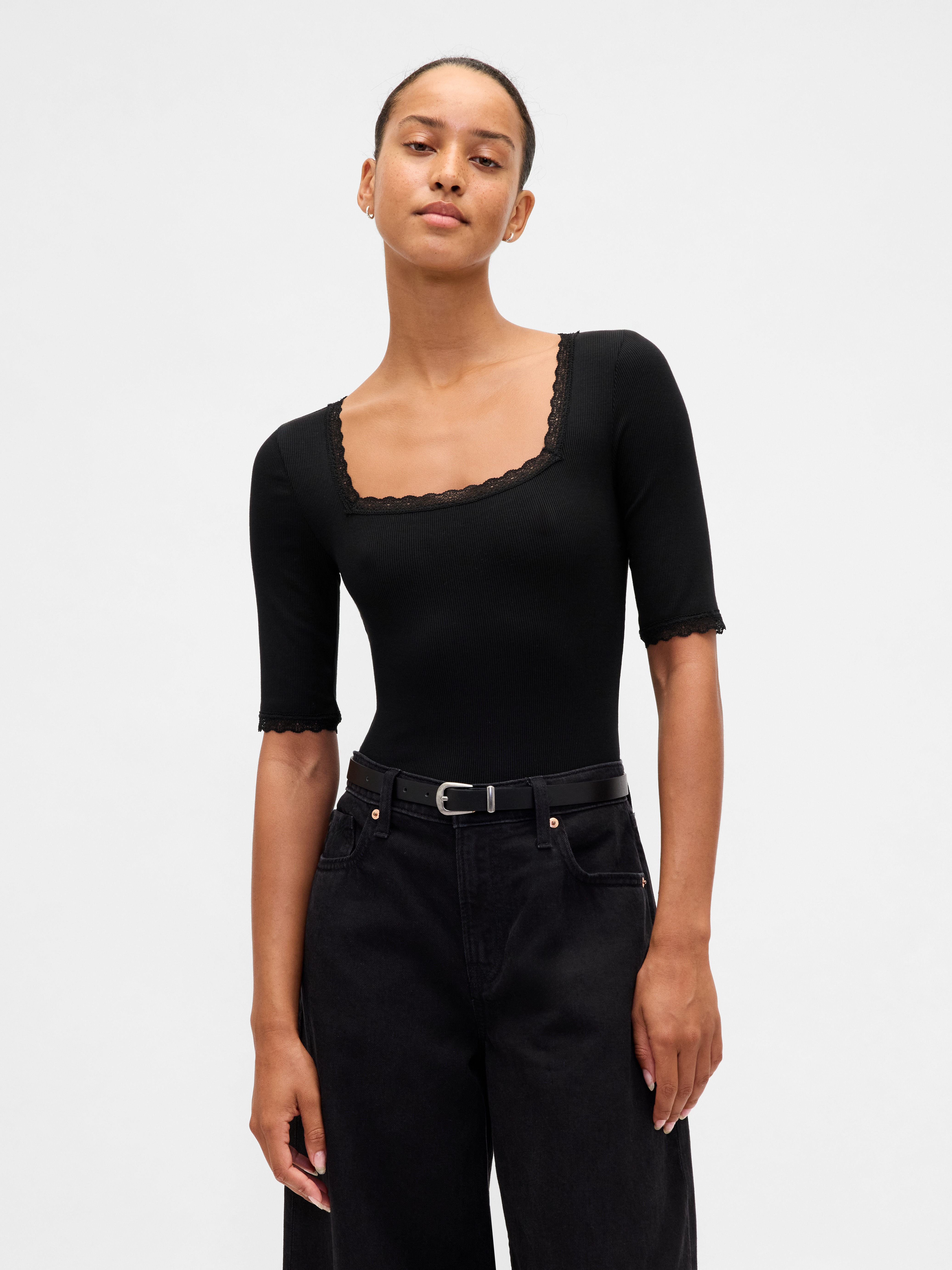 Modal Rib Lace-Trim Square-Neck T-Shirt - Black - View 5
