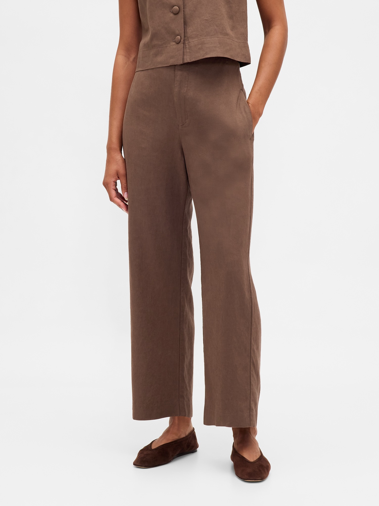Женские брюки Gap Linen-Blend Relaxed Straight Ankle, цвет: Янтарный коричневый — фото 2