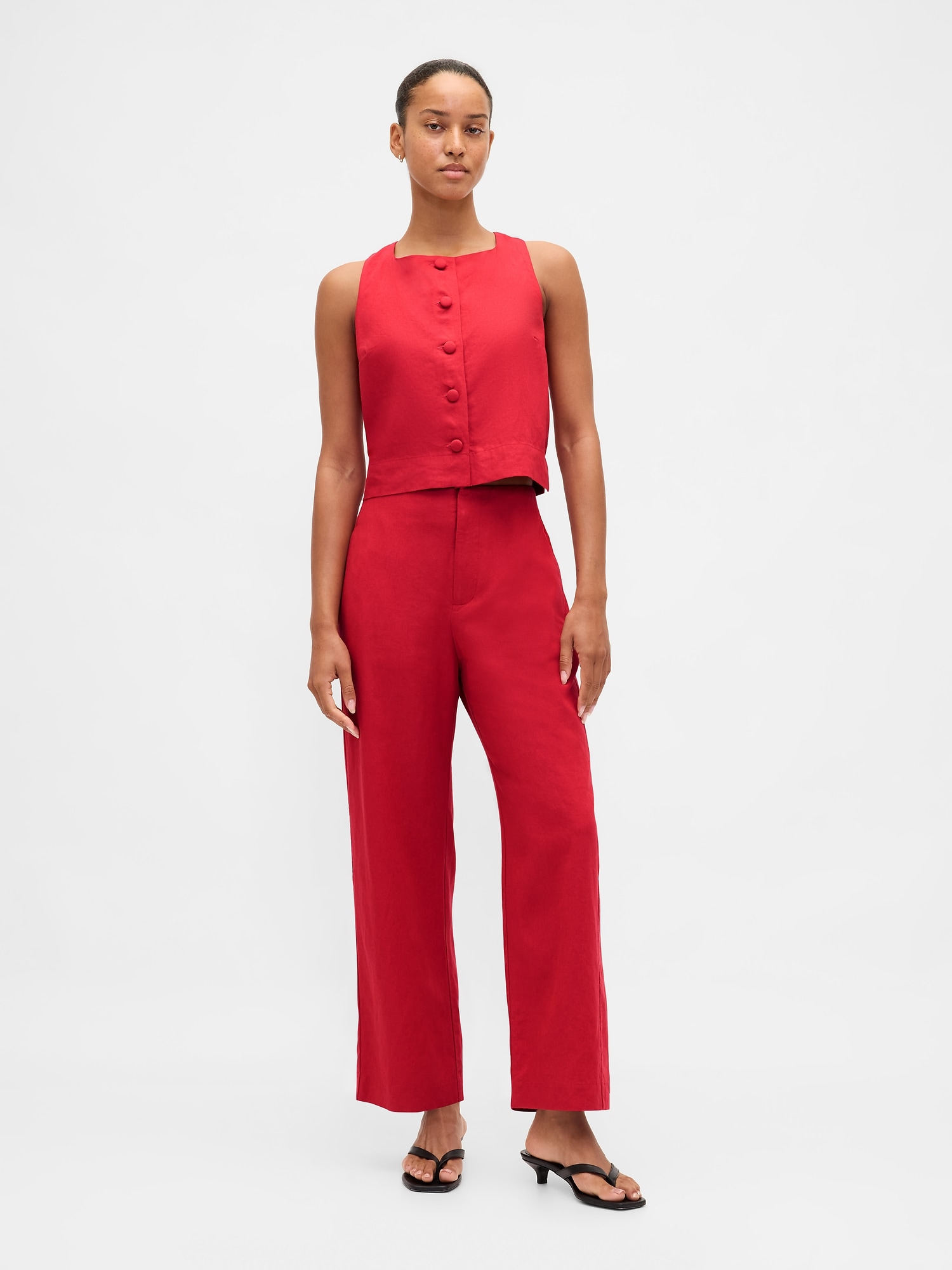 Linen-Blend Relaxed Straight Ankle Pants - Chakra Red