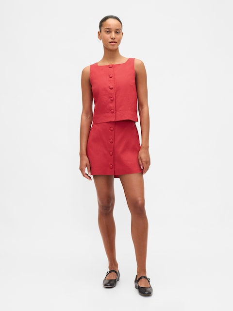 Linen-Blend Button-Front Mini Skort