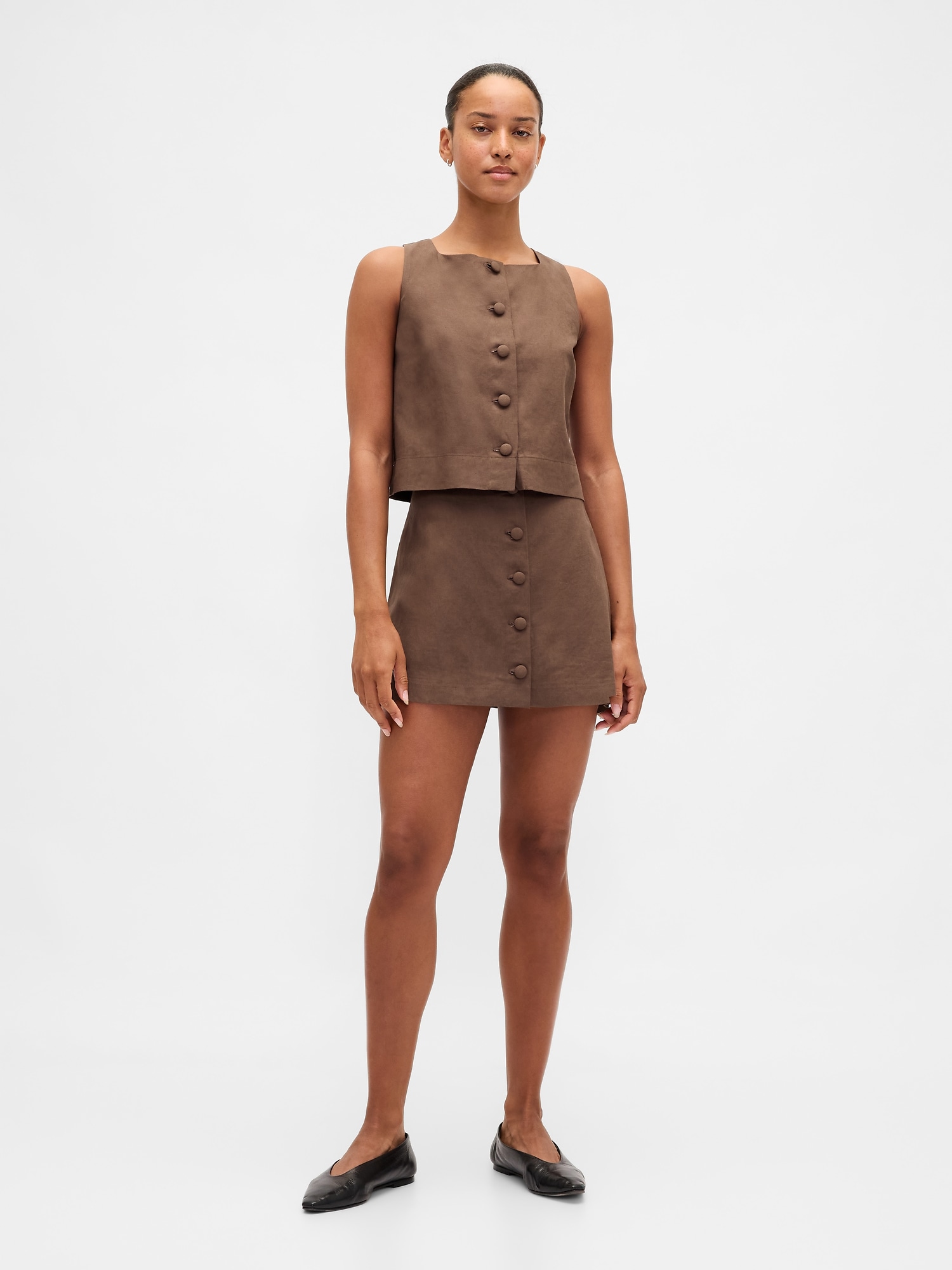 Gap Linen-blend Button-front Mini Skort In Brown