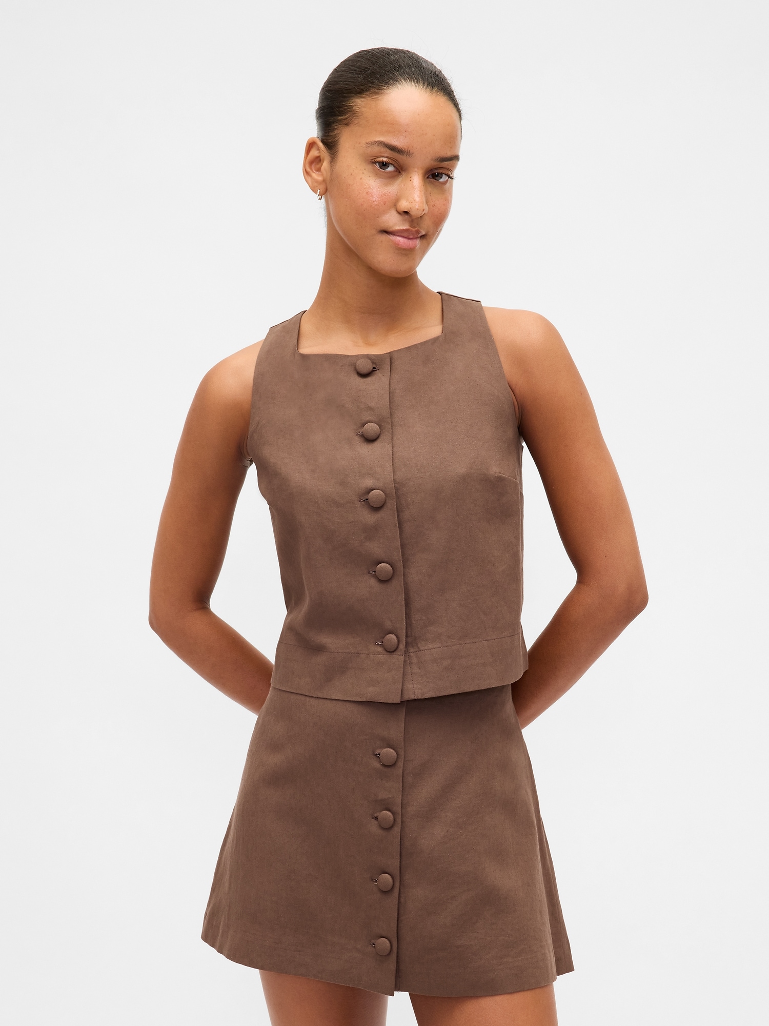 Gap Linen-blend Button-front Shell Top In Brown