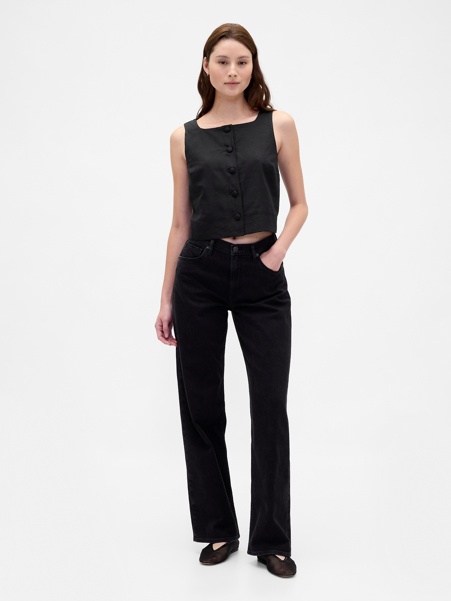 Женский топ Gap Linen-Blend Button-Front Shell Top, цвет: Насыщенный чёрный — фото 2