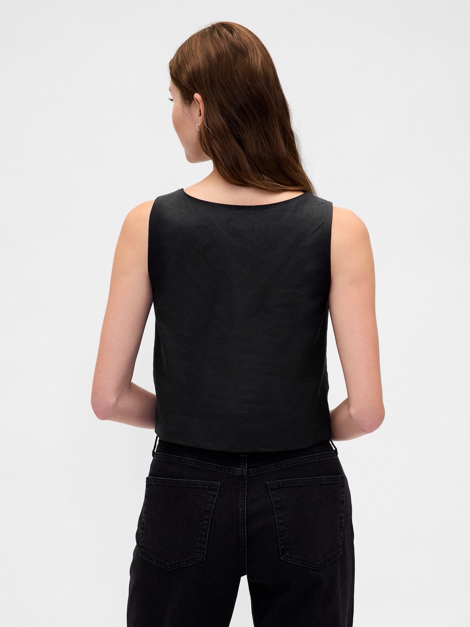 Женский топ Gap Linen-Blend Button-Front Shell Top, цвет: Насыщенный чёрный — фото 3