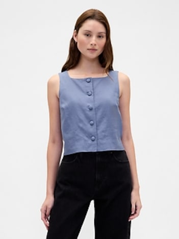 Linen-Blend Button-Front Shell Top