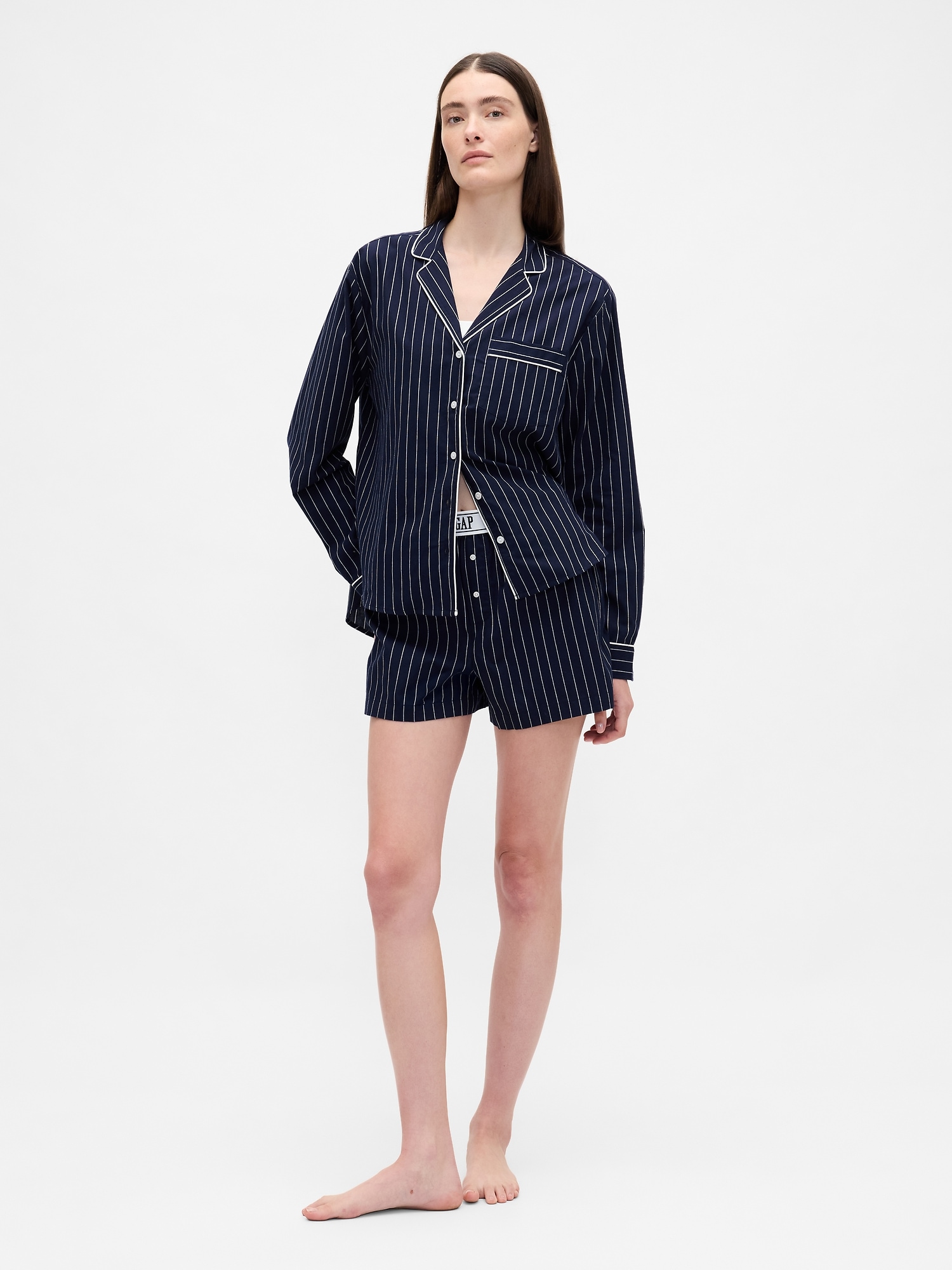 Poplin Logo PJ Boxer Shorts - Navy Blue Pinstripe