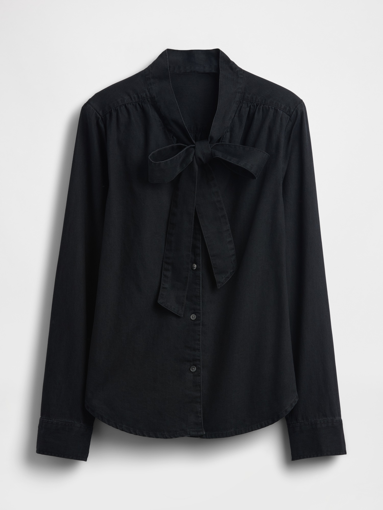 Женская рубашка Gap Denim Tie-Neck, цвет: Чёрный варёный — фото 5