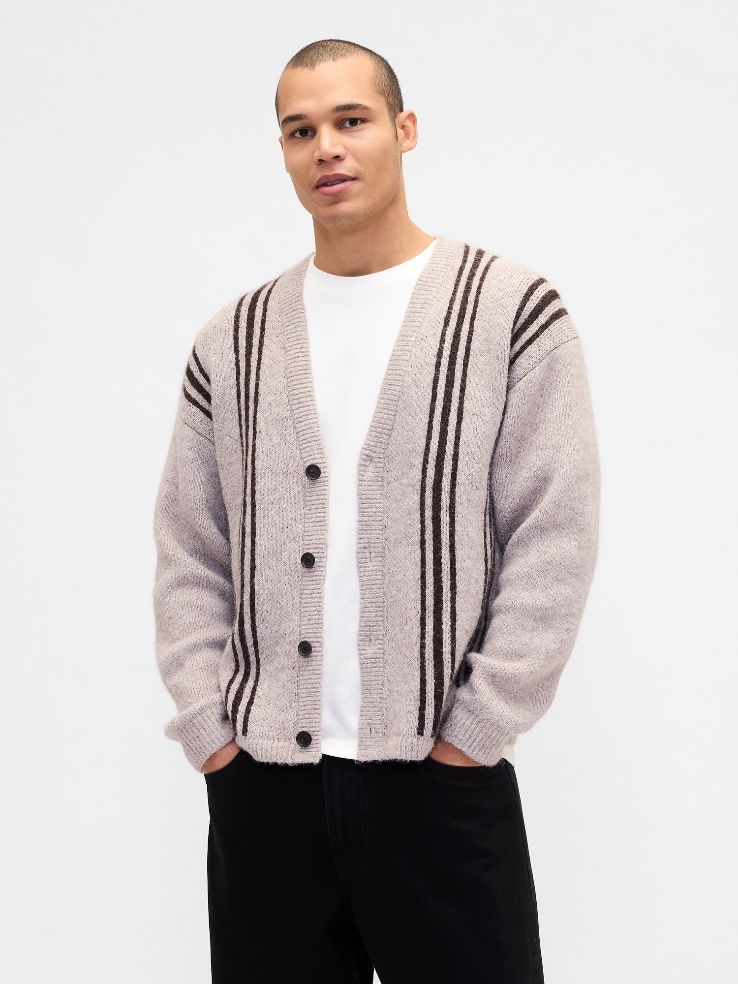 Fuzzy Relaxed Crop Cardigan Sweater - Beige Stripe