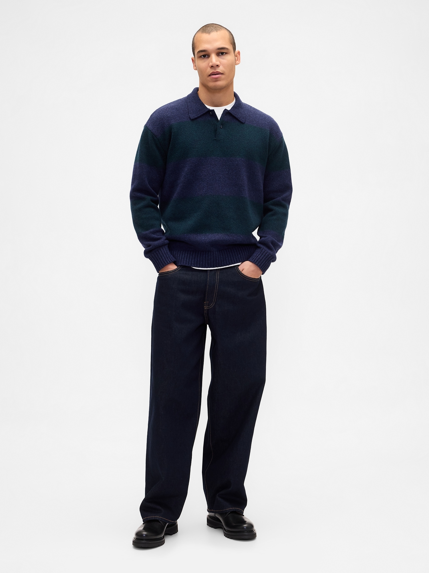 Rugby Stripe Relaxed Polo Sweater