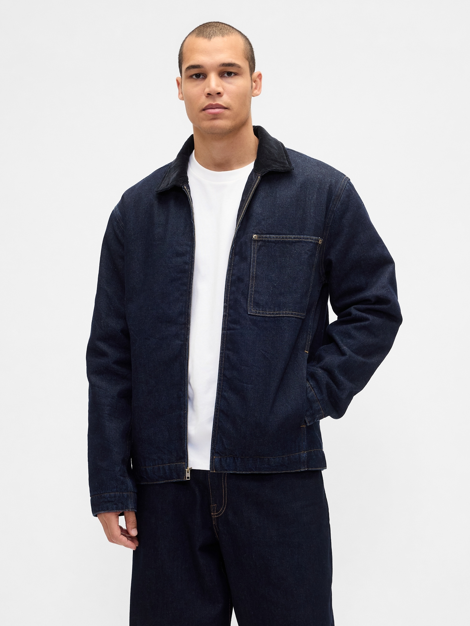 Denim Lined Zip Chore Jacket - Rinsed Blue
