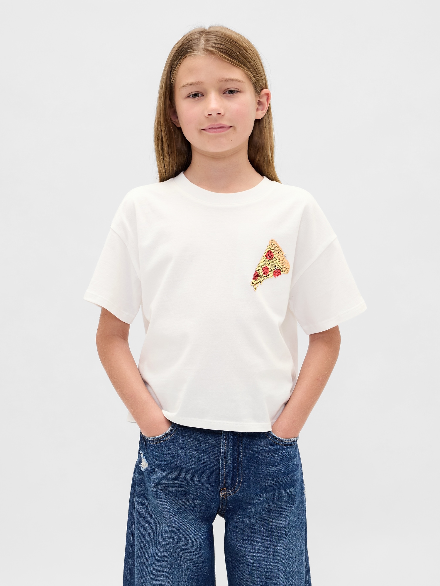 Kids Oversized Flippy Sequin Graphic T-Shirt - New Off White