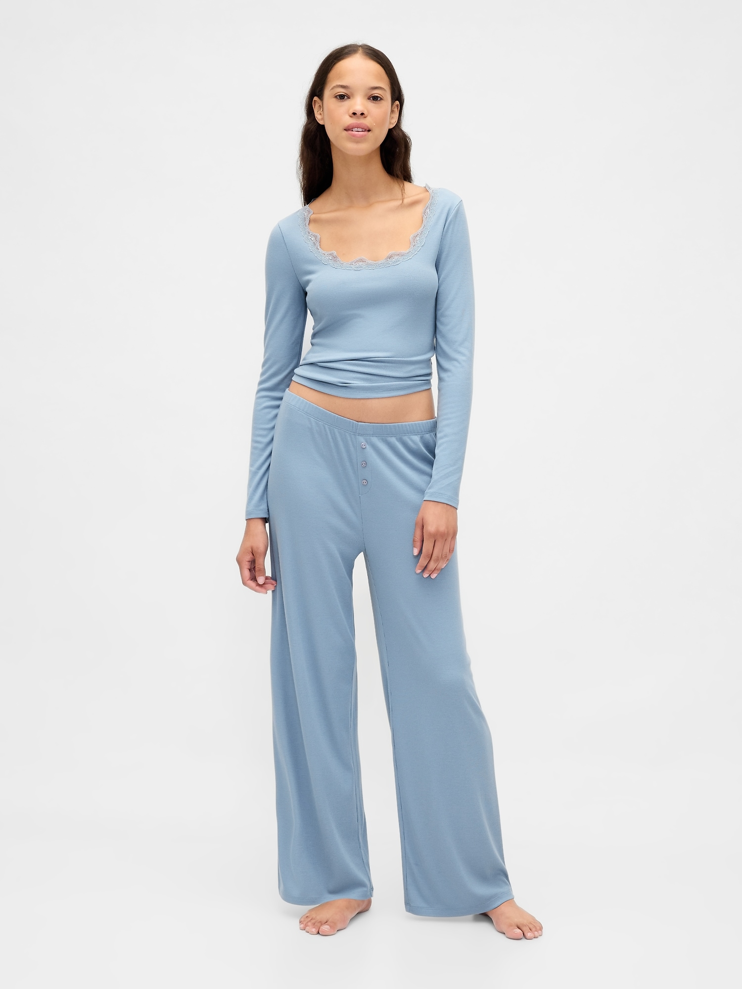 Mini Rib Wide-Leg PJ Pants - New England Blue Sky