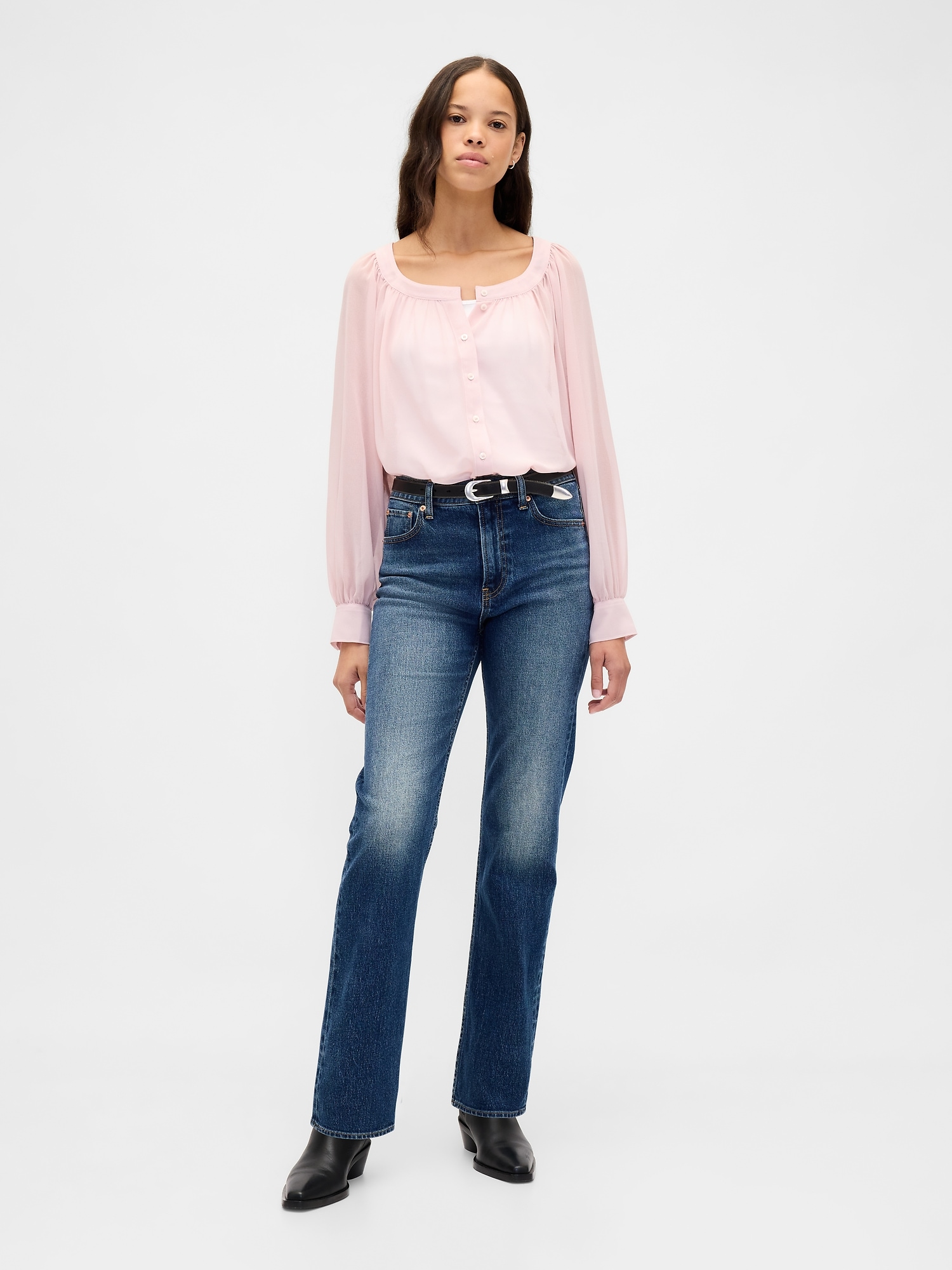 Recycled Sheer Button-Front Top