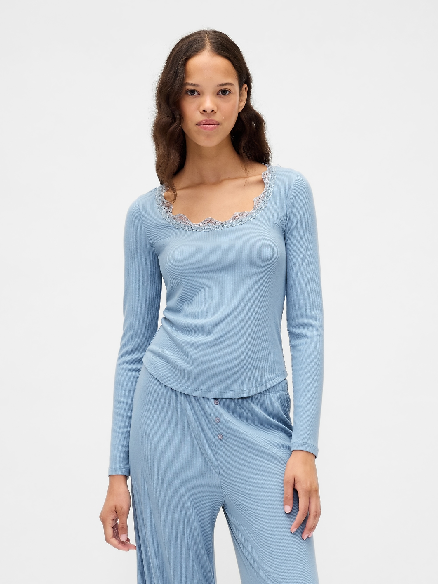 Mini Rib Lace-Trim PJ Top - New England Blue Sky
