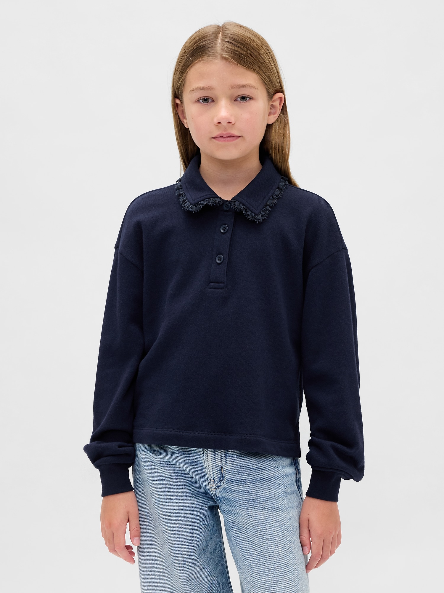 Kids French Terry Lace-Trim Polo Sweatshirt - Dark Night
