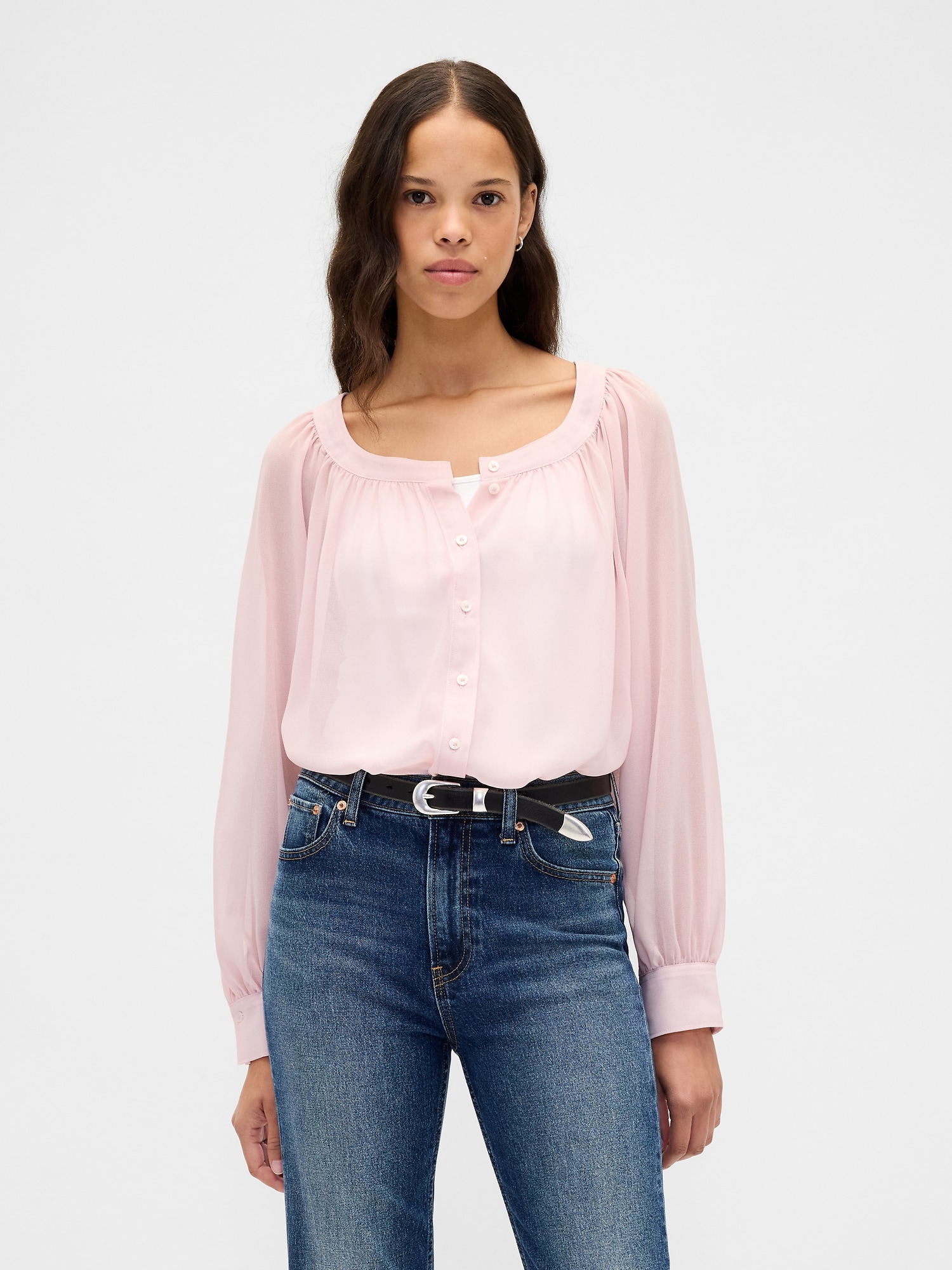 Recycled Sheer Button-Front Top