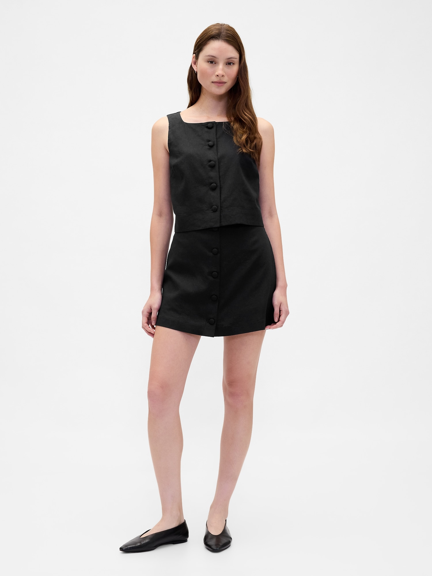 Linen-Blend Button-Front Mini Skort - True Black