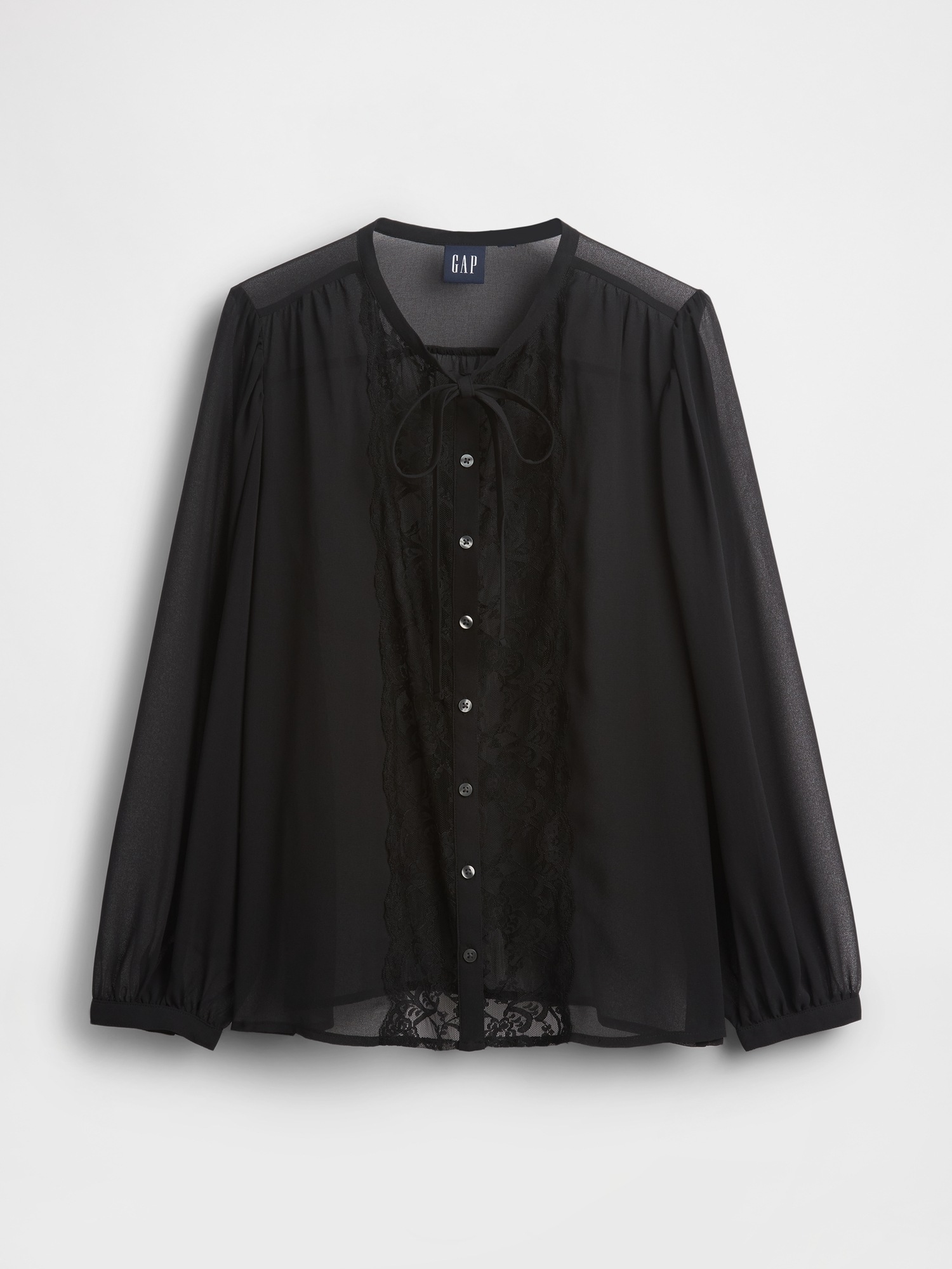 Женский топ Gap Sheer Recycled Lace Inset Tie-Neck Top, цвет: Насыщенный чёрный — фото 5