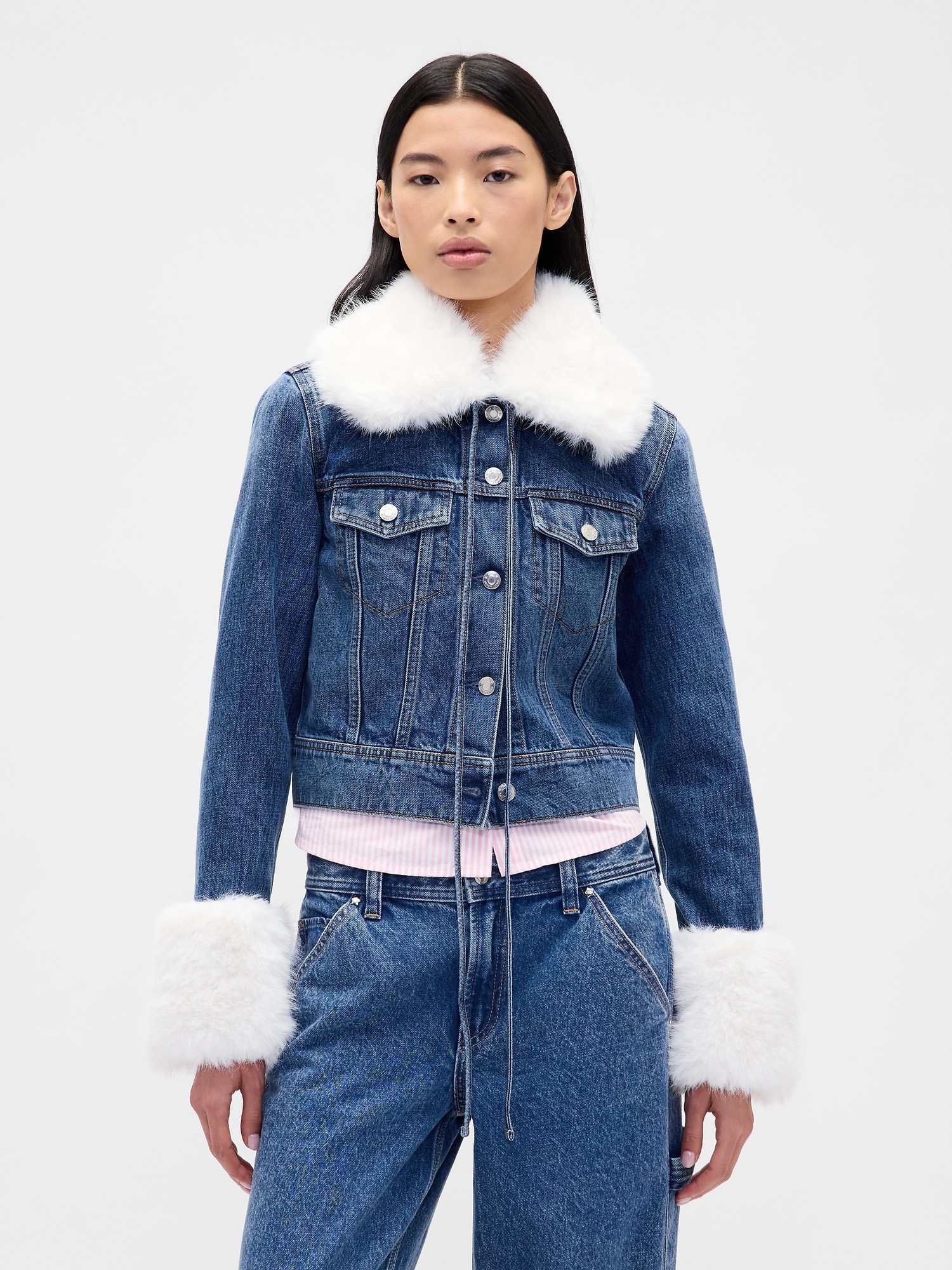 Gap × Sandy Liang Vegan Fur Crop Denim Jacket - Starry Eye Blue