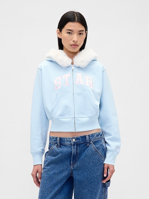 Image number 1 showing, Gap × Sandy Liang Vegan Fur-Trim Crop Zip Hoodie