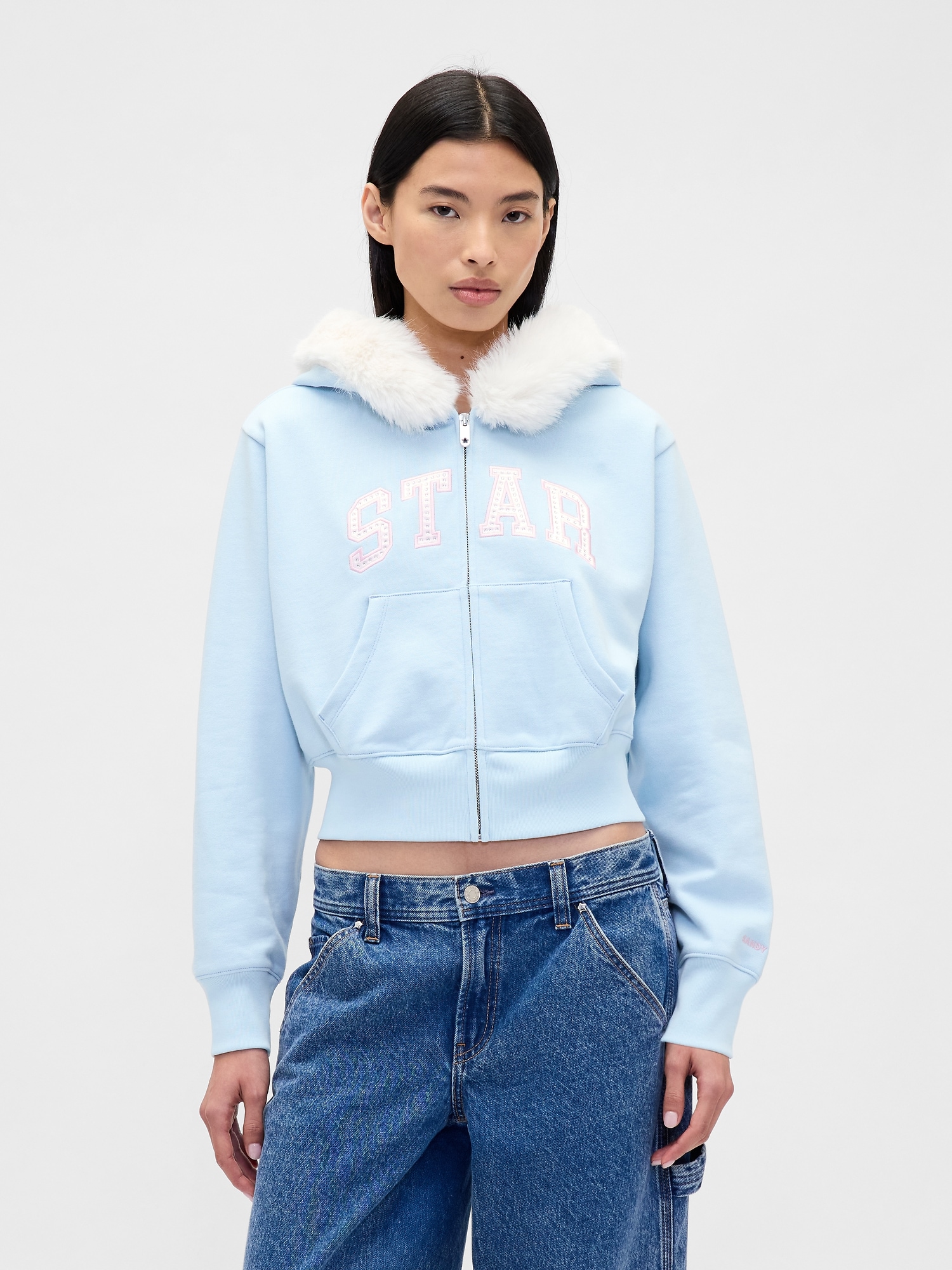 Gap × Sandy Liang Vegan Fur-trim Crop Zip Hoodie In Blue