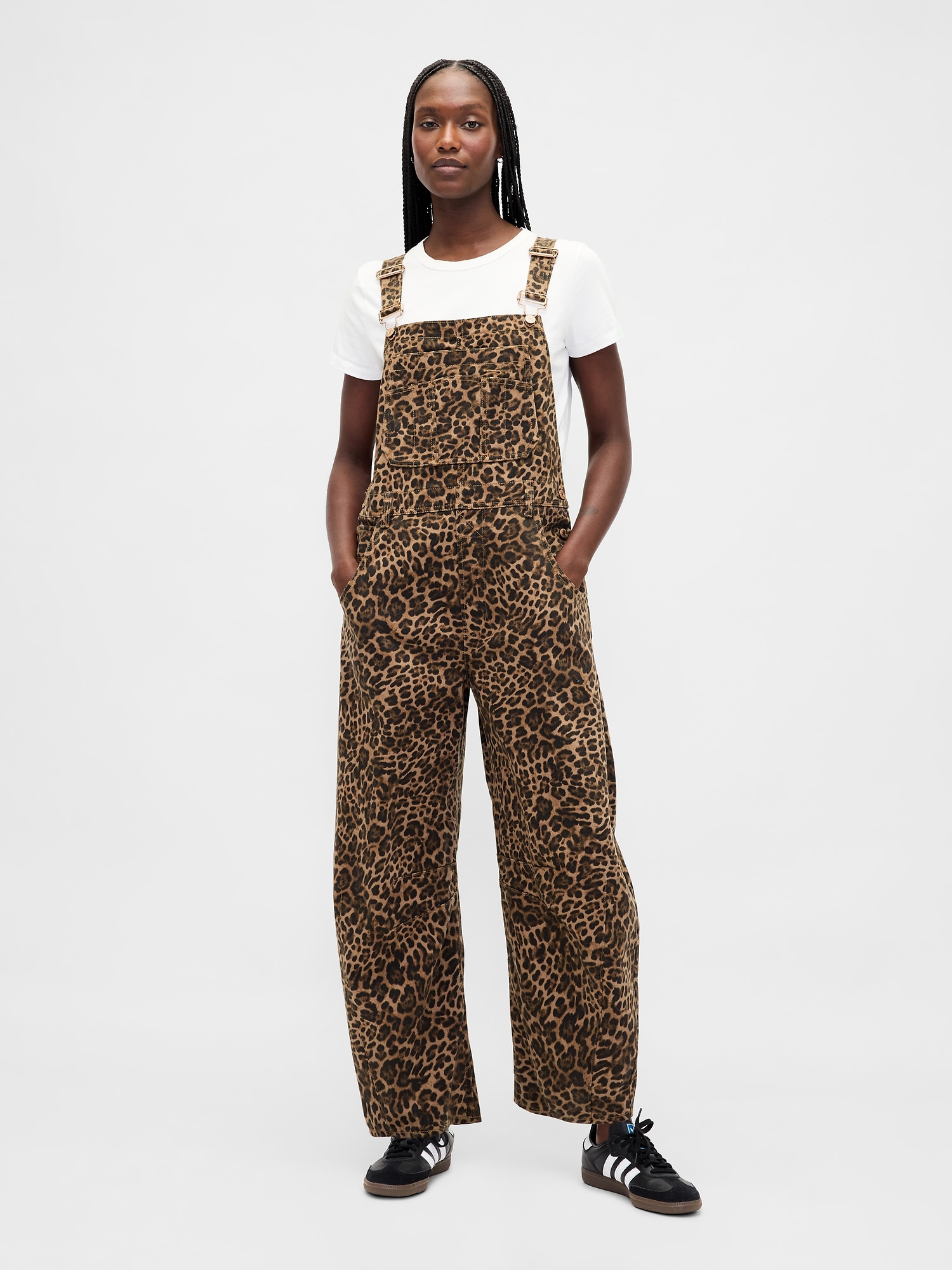 UltraSoft Denim Horseshoe Overalls - Leopard Brown Print