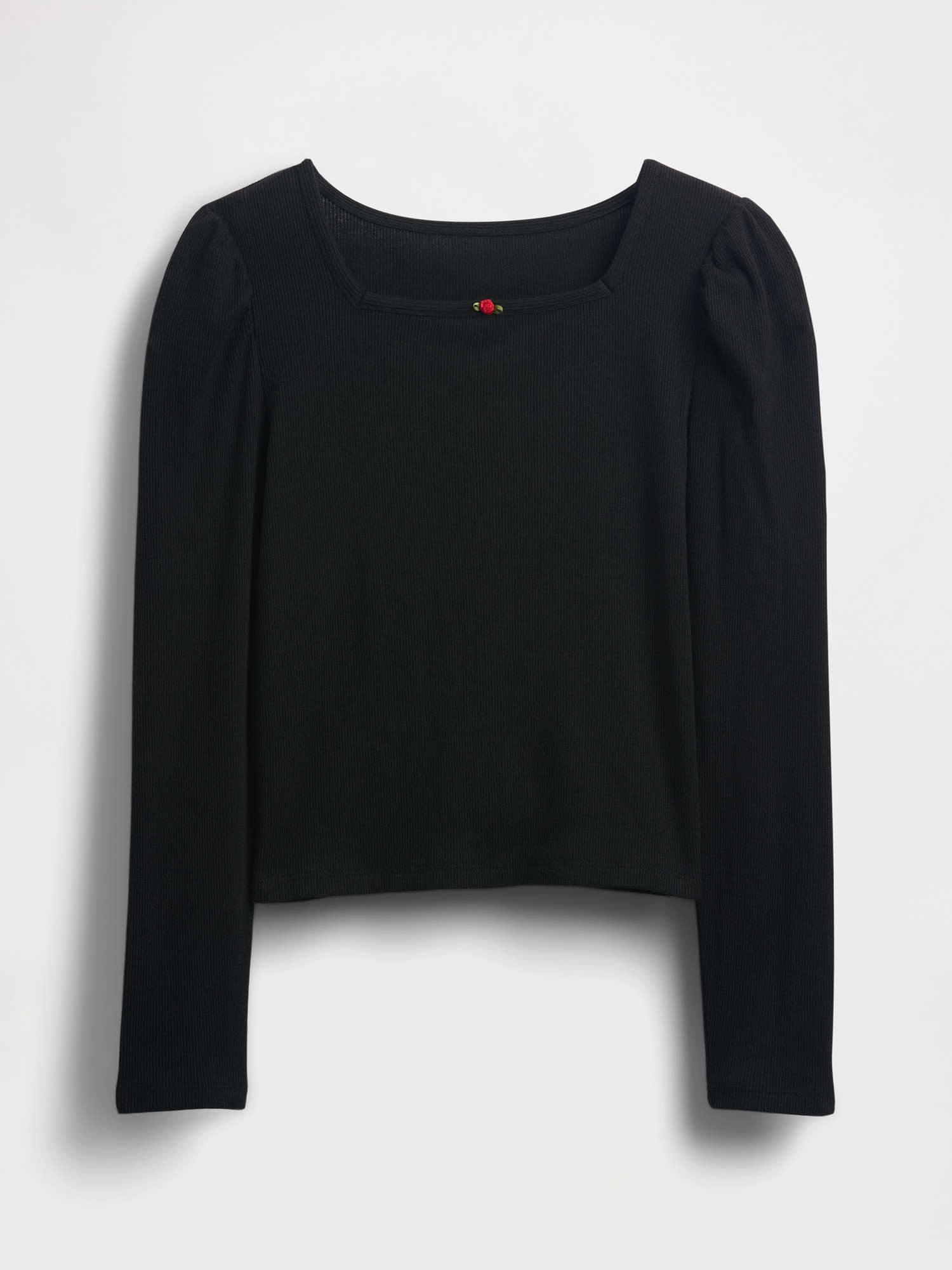 Kids Rib Puff-Sleeve Top - Black