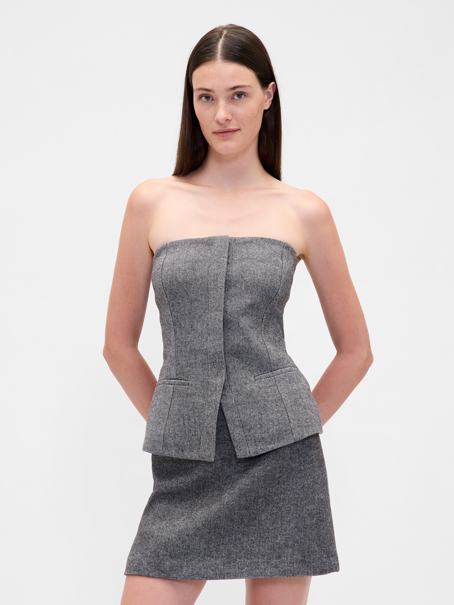 Strapless BiStretch Corset Top - Grey Herringbone