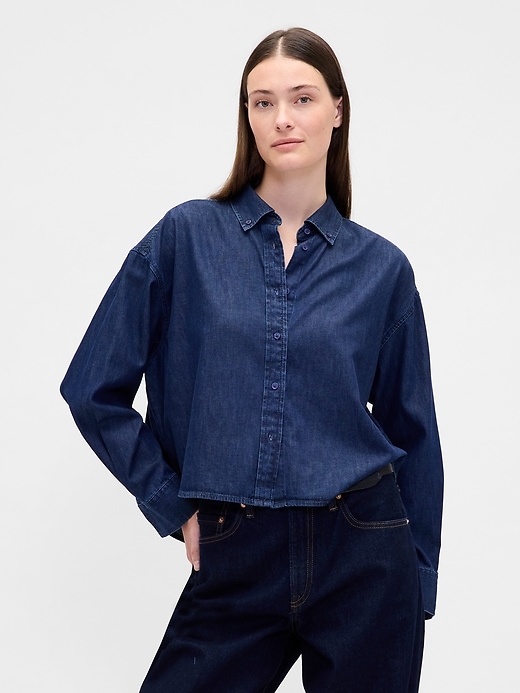 Image number 1 showing, UltraSoft Denim Oversized Crop Shirt
