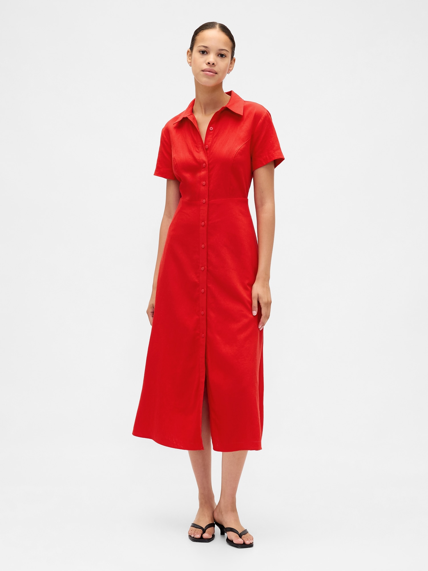 Linen-Blend Midi Shirtdress - Tomato Sauce Red