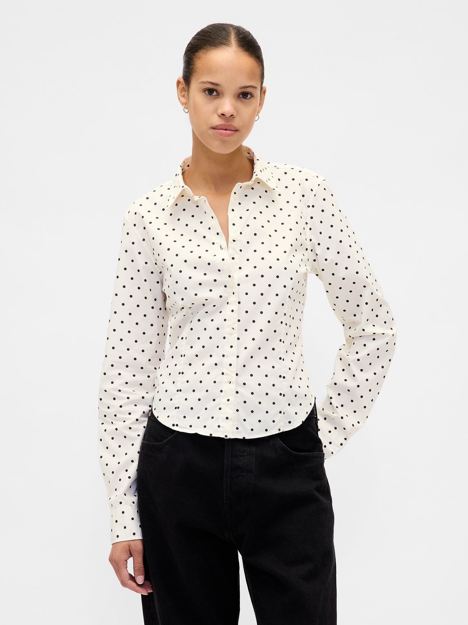 Organic Cotton Fitted Crop Shirt - White Polka Dots