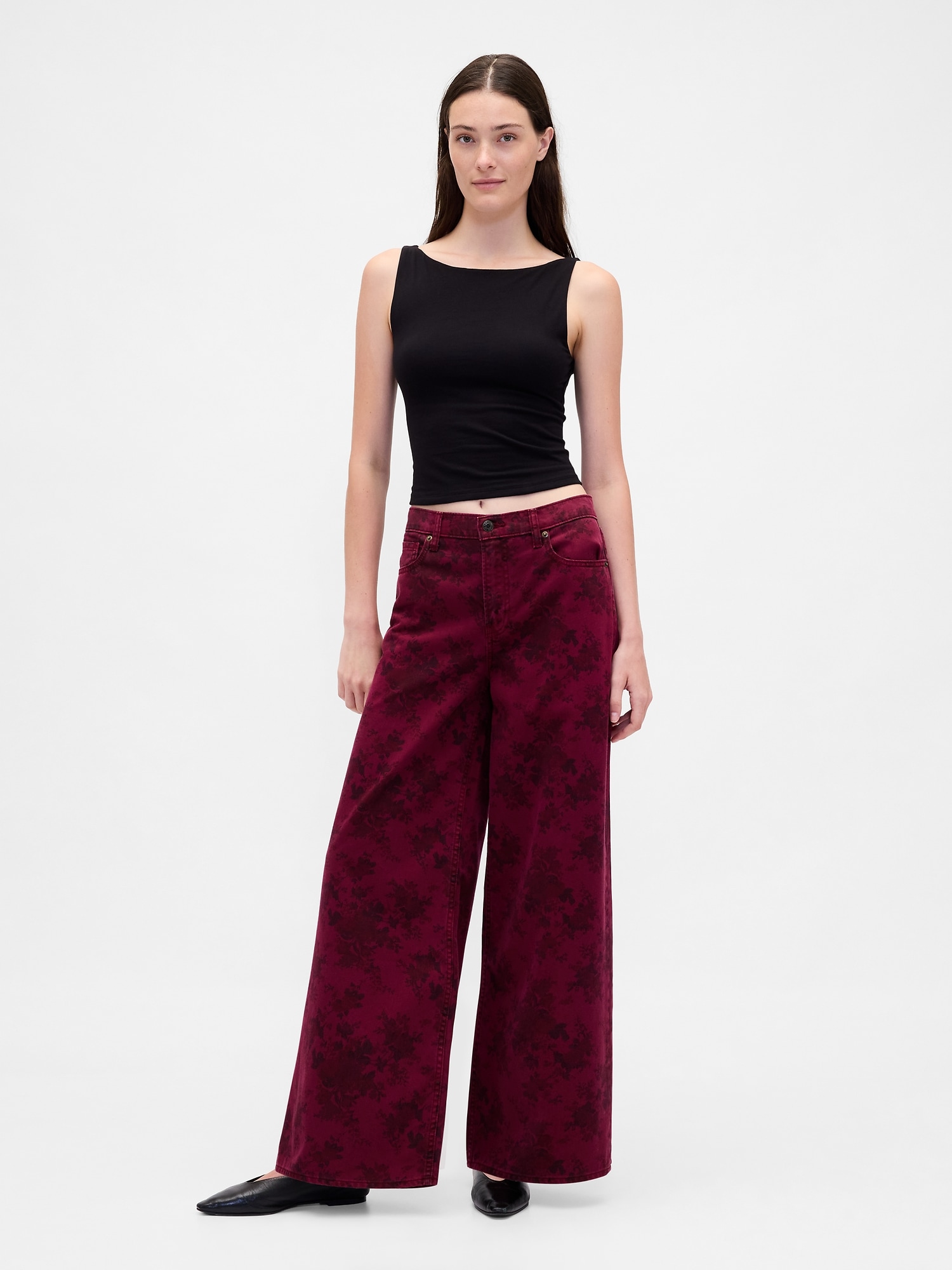 Mid Rise Floral Baggy Jeans