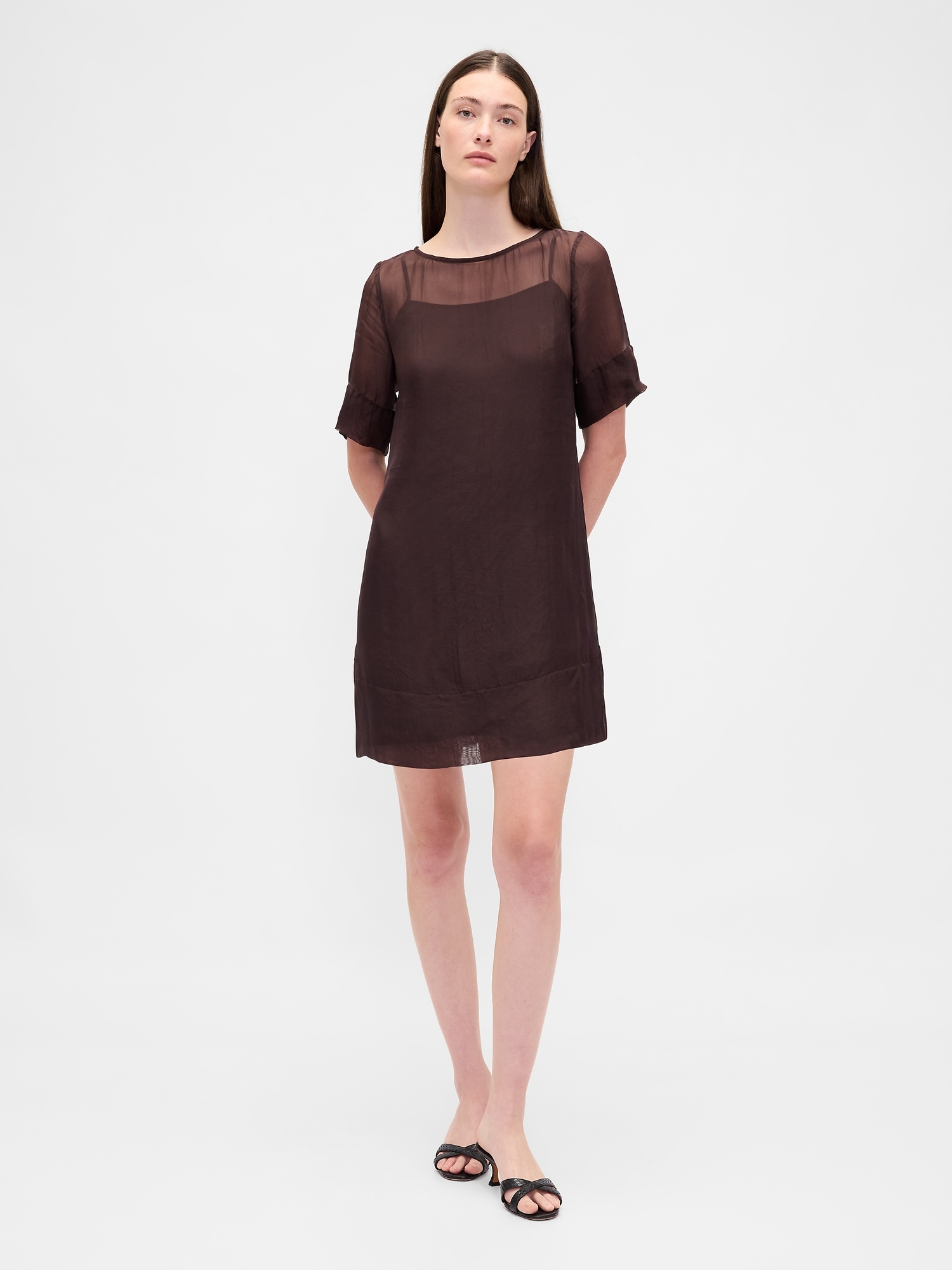 Sheer Organza Mini Shift Dress - Terra Brown