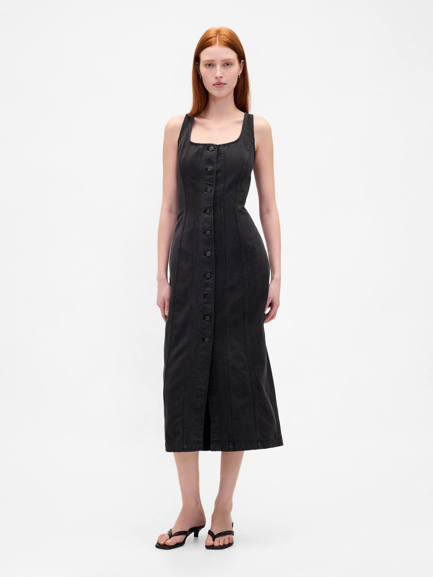 Seamed Button-Front Midi Dress - True Black