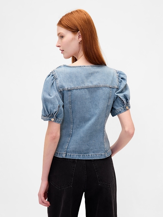Image number 3 showing, Denim Puff-Sleeve Seamed Top