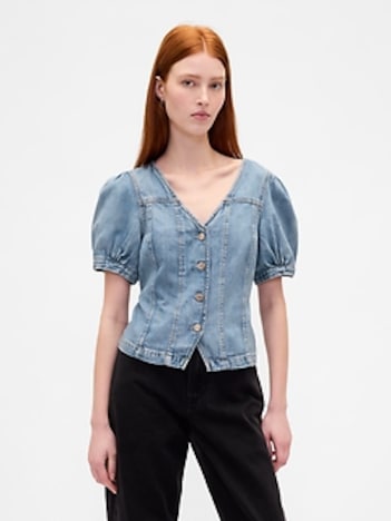 Denim Puff-Sleeve Seamed Top