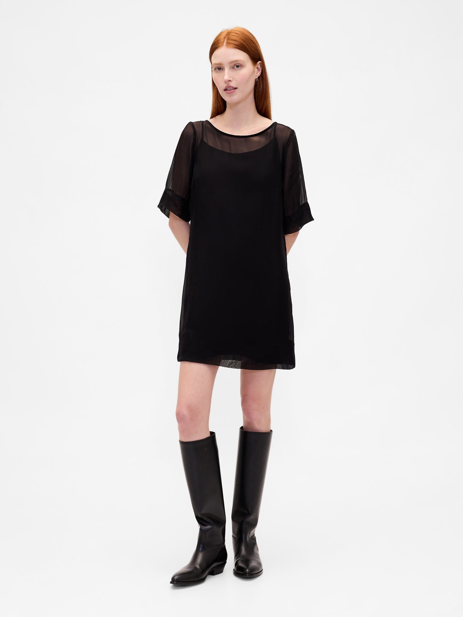 Sheer Organza Mini Shift Dress - True Black