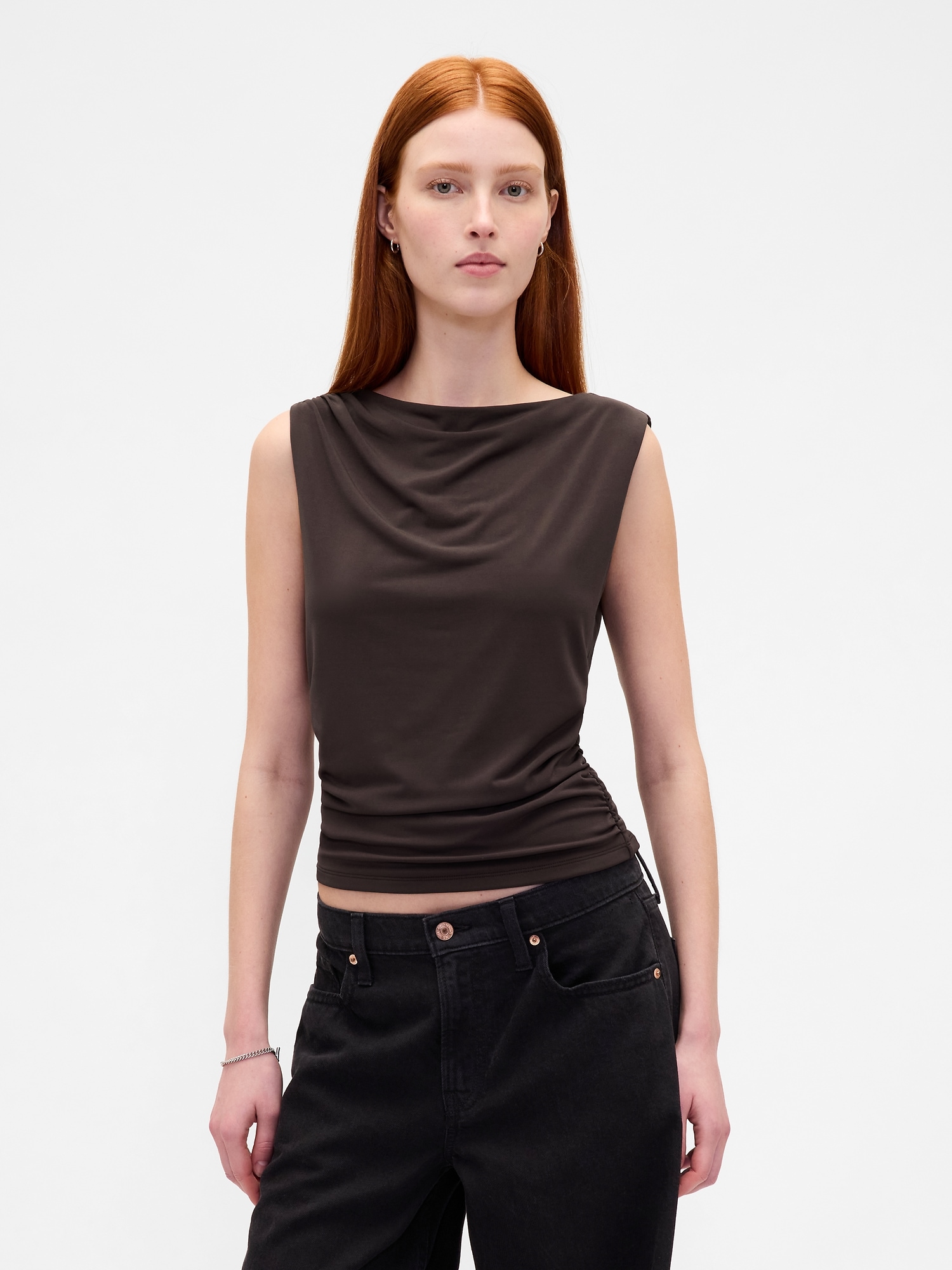 Ruched Boatneck Top - Terra Brown