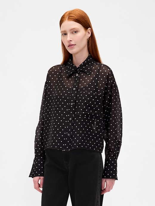Image number 1 showing, Sheer Oversized Straight-Hem Crop Shirt