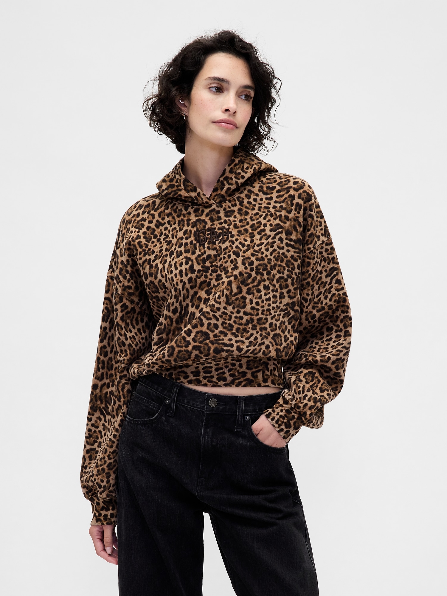VintageSoft Crop Logo Hoodie - Leopard Brown Logo