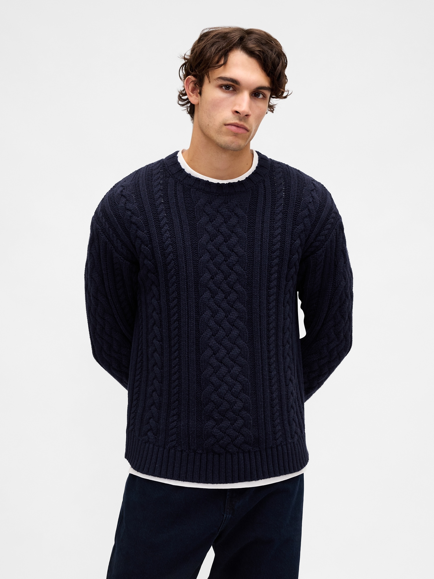 Relaxed Cable-Knit Sweater - Navy