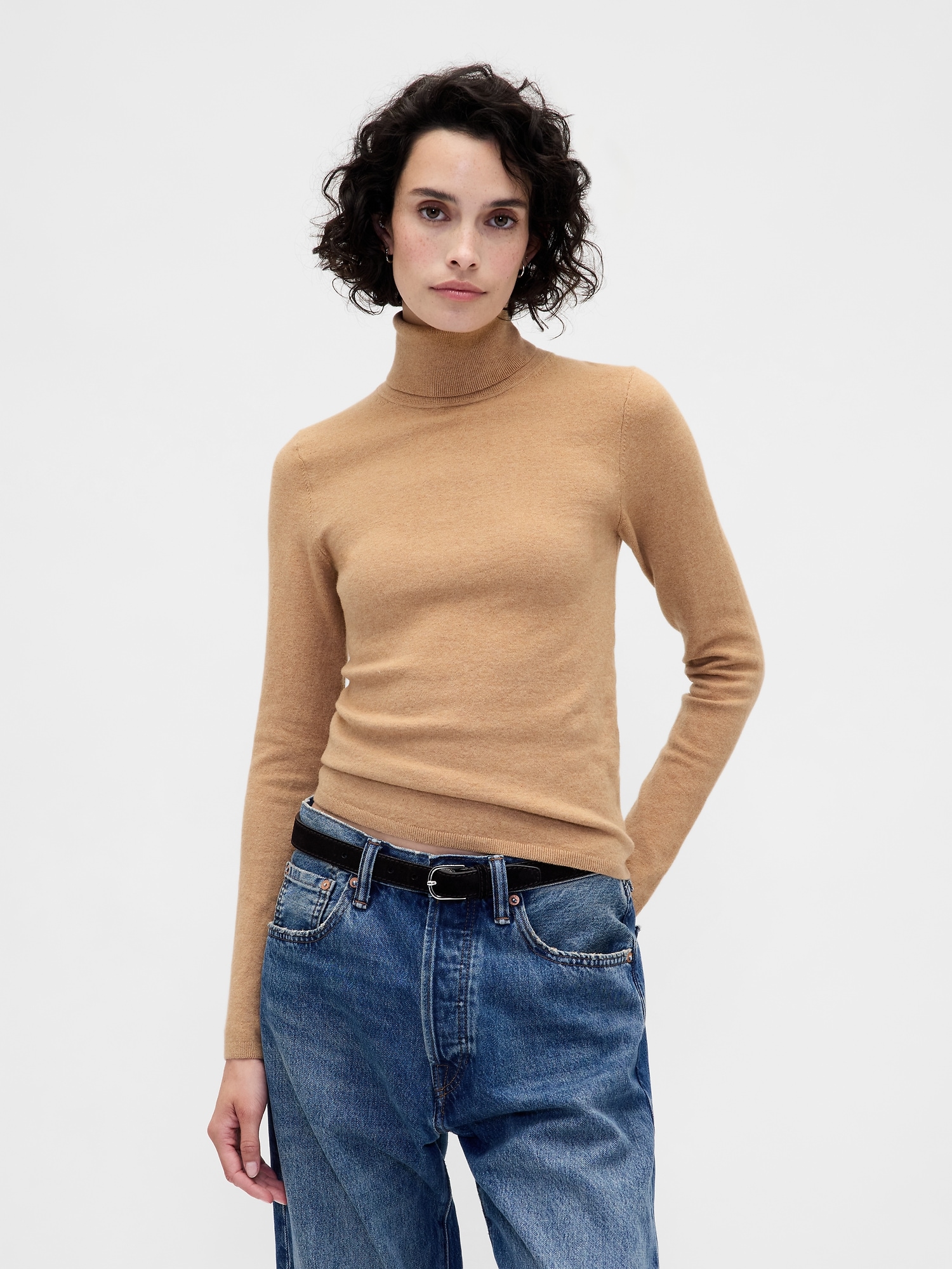 CashSoft Stretch Turtleneck Sweater - Camel Tan